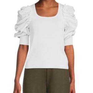 Nanette Lepore | White Ruched Sleeve Sweater Knit Blouse | Sz M